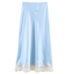 Detailed view of light blue satin midi skirt featuring delicate white lace trim hemline