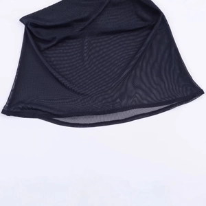 Slim fit black mesh T-shirt for women with elegant sheer fabric and scarf detail