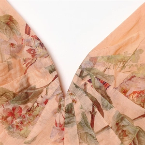 Floral bird print short dress with puff sleeves and pleated V-neckline detail
