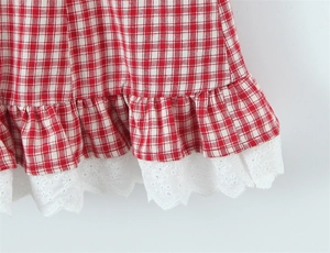 Detailed close-up of red gingham fabric with white floral embroidered lace trim and ruffles