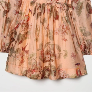 Floral print puff sleeve mini dress in light apricot with vintage bird patterns