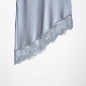 Chic light blue satin asymmetric skirt featuring elegant lace trim hem for women