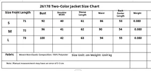 Detailed size chart for women's slim-fit long-sleeved blazer in centimeters and kilograms