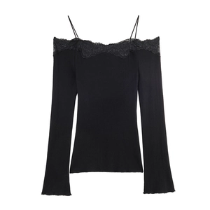 Detail of off-shoulder neckline with floral lace trim and ribbed knit texture on black top
