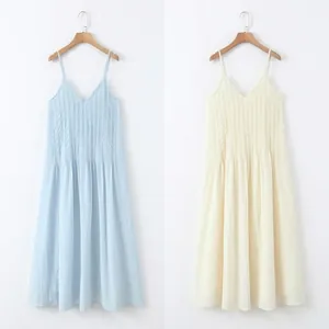 Women 100% Cotton Pleated Maxi Cami Dress Elegant V-Neck Spaghetti Straps Solid Color Sleeveless Summer Vacation Long Dress
