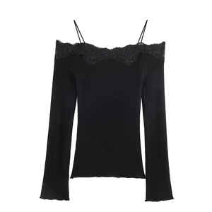 Detail of cold-shoulder knit top with lace trim and ribbed texture in black
