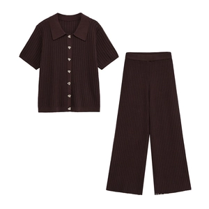 Women Ribbed Knit Top And Bottom Western Style Short Sleeve Polo Neck Button Decor High Waist Wide Leg Long Pants