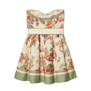 Robe bustier à imprimé floral et oiseaux avec ceinture assortie pour femmes