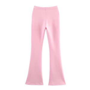Detailed view of pink high-waist flared pants with smooth stretch fabric and slim fit