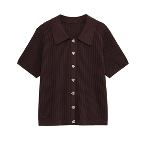Women's chocolate brown knit polo top with short sleeves and metallic buttons