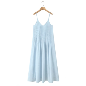 Light blue V-neck spaghetti strap pleated sundress with a minimalist A-line silhouette