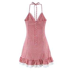 Red and white gingham halter mini dress with delicate white lace trim and ruffle hemline