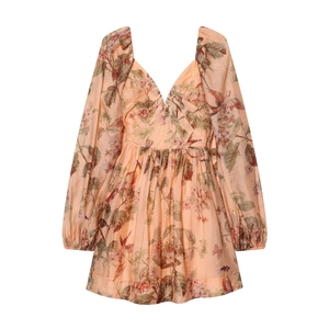 Women's Vintage Floral Bird Print V-Neck Mini Dress Long Puff Sleeve Bow Tie French Bohemian Vacation Casual A-Line Short Dress