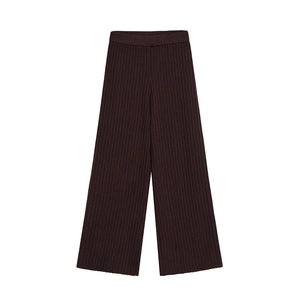 Women's dark brown ribbed knit wide-leg pants with high elastic waist and relaxed fit