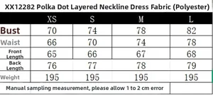 Detailed size chart for the polka dot tiered halter neck dress including XS to L measurements