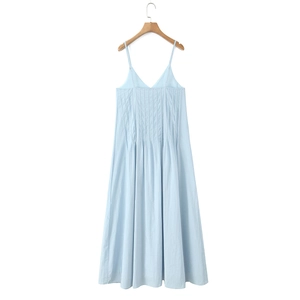 Minimalist light blue pleated maxi sundress with thin straps and ruffled details