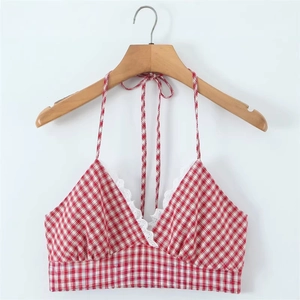 Chic red and white plaid halter neck top with white lace trim and V-neckline detail