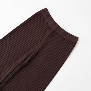 Deep coffee brown ribbed knit wide-leg pants with high elastic waist for women