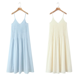Sleeveless V-neck pleated strappy dress in light blue and cream white colors
