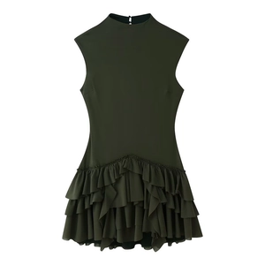 Women Sexy Mock Neck Sleeveless Tiered Ruffle Mini Dress Elegant Solid Color Olive Green Slim Fit Party Nightclub Wear Dress