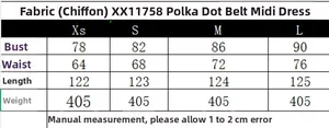 Size chart for polka dot belted midi dress showing bust waist and length measurements