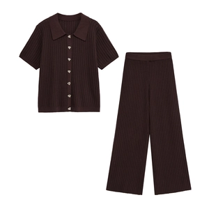 Women's dark brown knit two-piece set with short sleeve polo top and wide leg pants