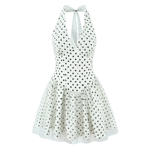 Women Sexy Polka Dot Mesh Halter Tie Dress Retro Slim Fit Sleeveless A-Line Tulle Layered Mini Party Dress
