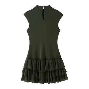Detail of army green sleeveless dress with layered ruffles and back cutout button closure