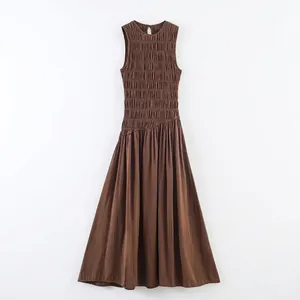 Women Sexy Smocked Sleeveless Midi Dress Elegant Dark Brown Solid Color A-Line Pleated Hem Chic Woven Polyester Summer Sundress