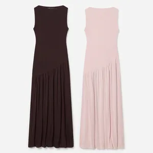 Robe Maxi Sans Manches Col Rond Femme Plis Asymétriques Maille Amincissant Couleur Unie Streetwear Robe Longue Élégante