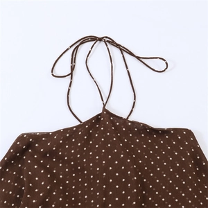 Detail shot of brown polka dot halter top showing semi-transparent chiffon fabric