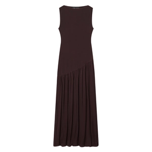 Robe maxi sans manches violet foncé avec ourlet plissé asymétrique et coupe ajustée