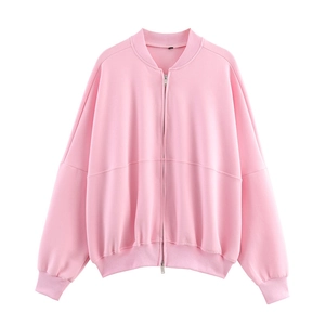 Pink zip-up bomber jacket with ribbed collar and loose fit casual silhouette