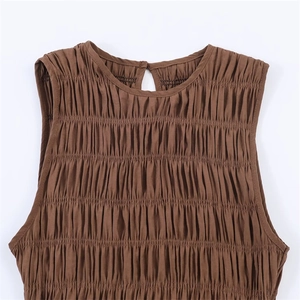 Brown sleeveless midi dress with shirred chest detail and elegant round neckline