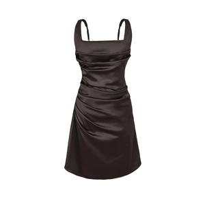 Detail view of chocolate brown satin mini dress showing corsetry and side ruching texture
