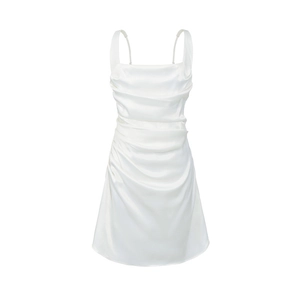 Detail of white satin ruched dress with spaghetti straps and elegant draping texture