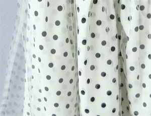 Macro detail of white polka dot mesh fabric with lightweight layered tulle texture