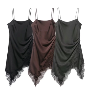 Elegant satin lace slip dresses in black, brown, and gray with asymmetrical hem for women