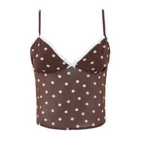 Top à pois marron vintage avec bordure en dentelle et décolleté en V, coupe ajustée
