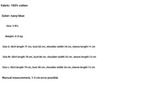 Size chart for navy polka dot lace dress showing cotton fabric and measurements