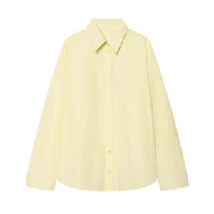 Women Casual Loose Long Sleeve Polo Neck Poplin Shirt Single Breasted Solid Color Fashion Streetwear Blouse Top Yellow
