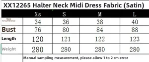 Size chart table for halter neck satin midi dress showing XS to L measurements and dimensions
