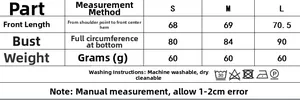Detailed size chart for lace backless top showing measurements in S, M, and L sizes