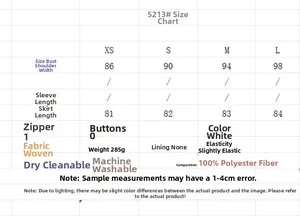 Detailed size chart for white polyester dress showing bust and length measurements