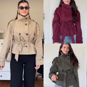 Detail of short double-breasted trench coat in khaki, wine red and army green colors