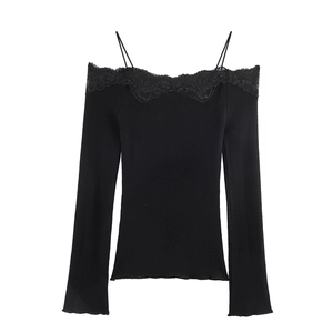 Women's black off-shoulder ribbed knit top with elegant lace trim and slim long sleeves