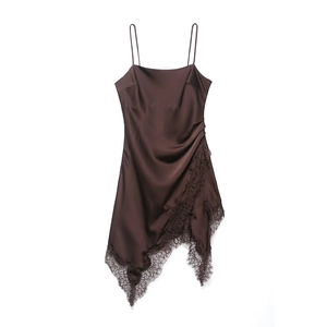 Detail of dark brown satin dress with floral lace trim and delicate silk-like texture