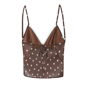 Débardeur marron à pois avec dentelle blanche et nœud pour la mode d'été