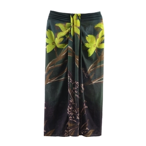 Jupe Midi Portefeuille Vintage Élégante pour Femmes Imprimé Floral Lys Détail Nœud Vert Foncé Dégradé Vacances Été