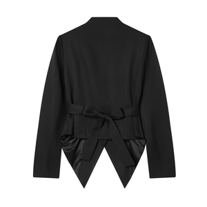 Women's black slim fit blazer with back bow tie waist and unique V-cut hem design